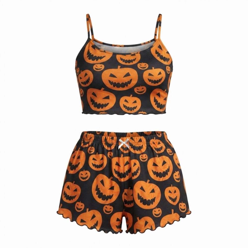 Women's Halloween Pumpkin Print Spaghetti Strap Crop Top and Shorts Pajama Set